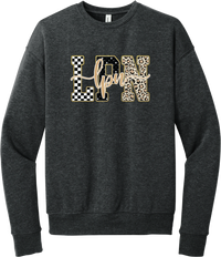 Glitzy Patterned LPN crewneck sweatshirt in Dark Grey Heather, featuring LPN block letters in checkerboard, sparkle star, and leopard patterns with a gold glitter outline and lpn script
