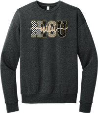 Glitzy Patterned NICU crewneck sweatshirt in Dark Grey Heather, featuring NICU block letters in checkerboard, polka dot, leopard, and starry patterns with a gold glitter outline and nicu script