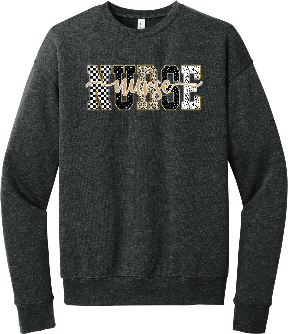Glitzy Patterned Nurse crewneck sweatshirt in Dark Grey Heather, featuring NURSE block letters in checkerboard, leopard, and polka dot patterns with a gold glitter outline and nurse script