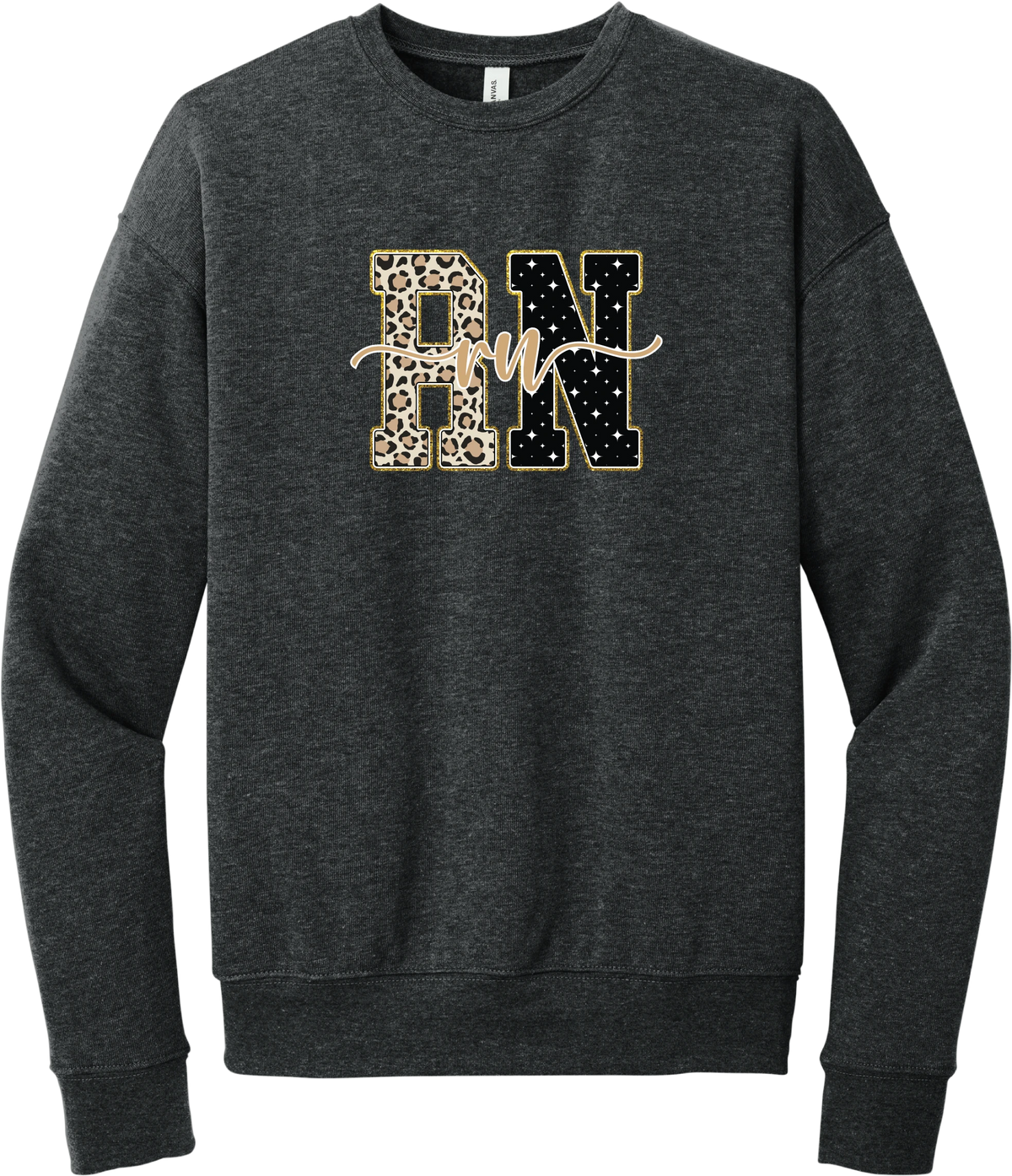 Glitzy Patterned RN crewneck sweatshirt in Dark Grey Heather, featuring RN block letters in leopard and sparkle star patterns with a gold glitter outline and rn script