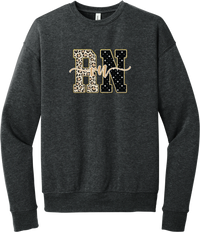 Glitzy Patterned RN crewneck sweatshirt in Dark Grey Heather, featuring RN block letters in leopard and sparkle star patterns with a gold glitter outline and rn script
