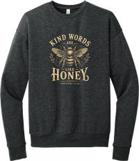 Kind Words Honey Bee crewneck sweatshirt in Dark Grey Heather, featuring Kind Words Are Like Honey in arched vintage lettering around a golden honey bee and honeycomb with Proverbs 16:24
