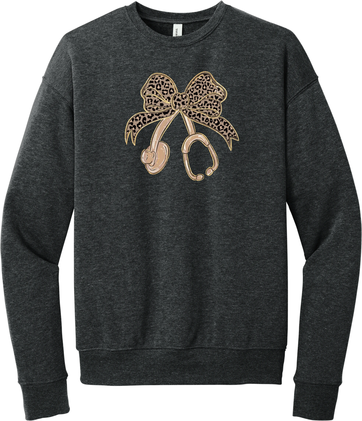 Leopard Bow Stethoscope crewneck sweatshirt in Dark Grey Heather, featuring a glittery leopard print coquette bow tied to a rose gold stethoscope