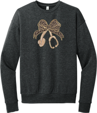Leopard Bow Stethoscope crewneck sweatshirt in Dark Grey Heather, featuring a glittery leopard print coquette bow tied to a rose gold stethoscope