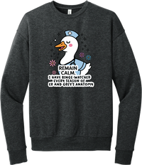 Remain Calm Nurse crewneck sweatshirt in Dark Grey Heather, featuring a nurse goose in a cap with sparkles and flowers above Remain Calm lettering