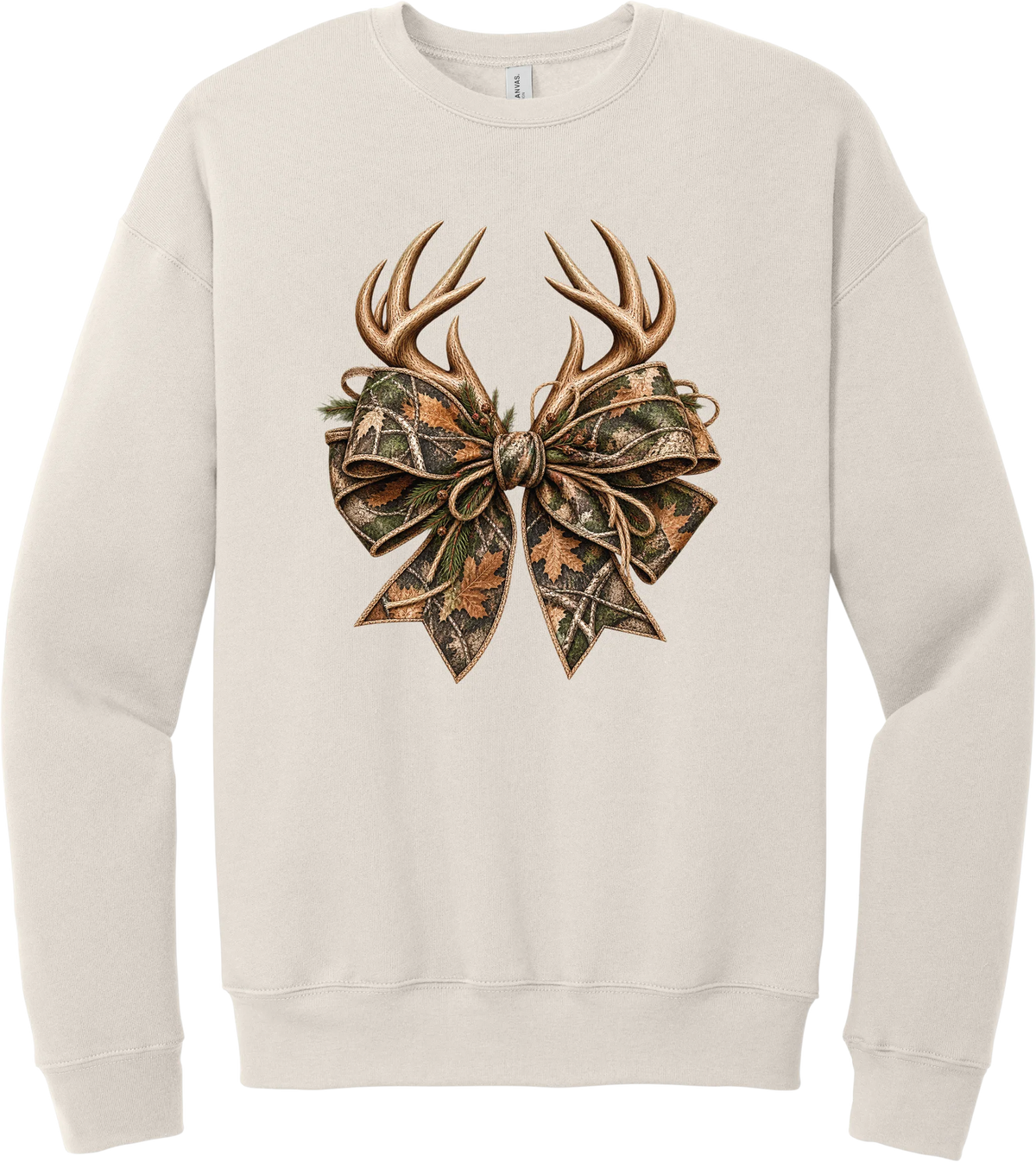 Coquette Antlers crewneck sweatshirt in Heather Dust, featuring deer antlers tied with an oversized camo bow, twine, and autumn leaves