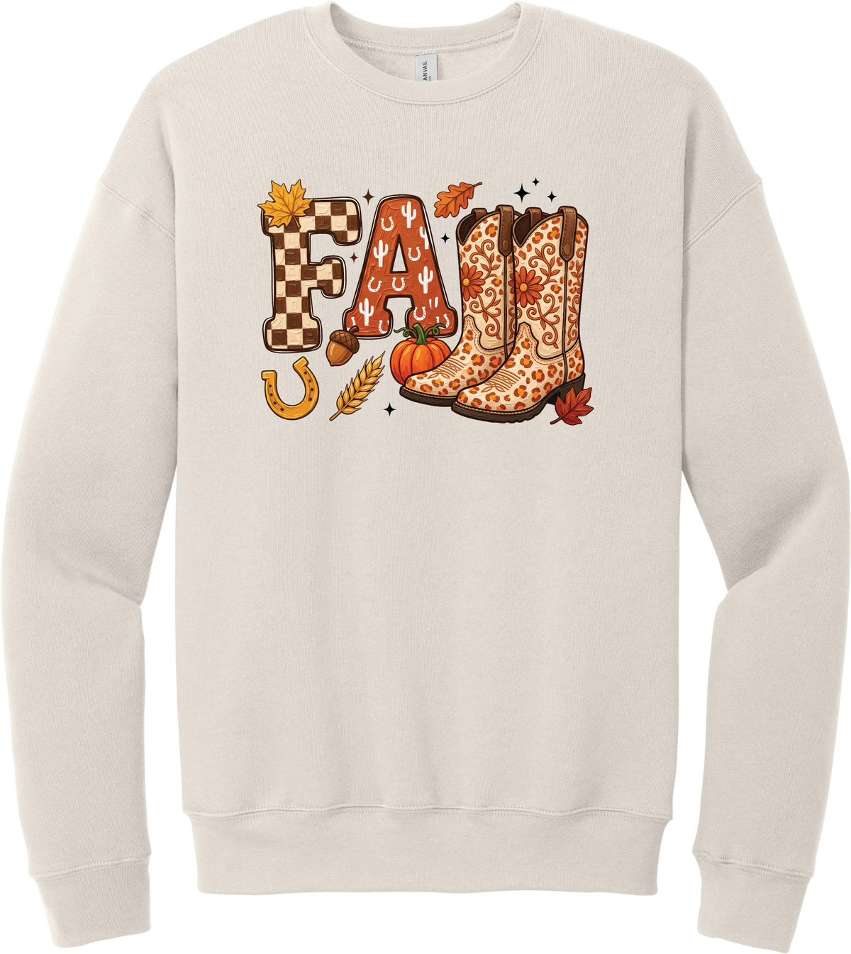 Boot Weather crewneck sweatshirt in Heather Dust, featuring patchwork FALL letters with cowgirl boots, a pumpkin, and a horseshoe