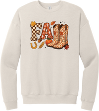 Boot Weather crewneck sweatshirt in Heather Dust, featuring patchwork FALL letters with cowgirl boots, a pumpkin, and a horseshoe