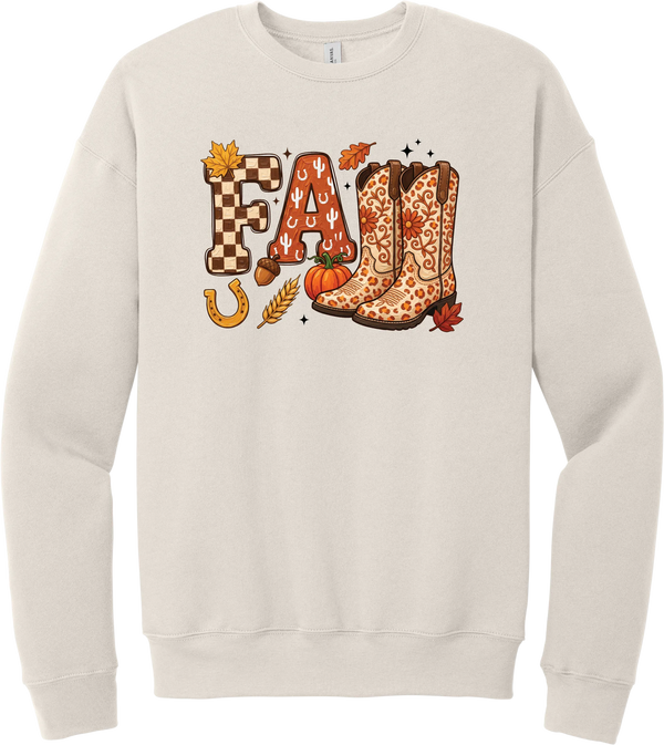 Boot Weather crewneck sweatshirt in Heather Dust, featuring patchwork FALL letters with cowgirl boots, a pumpkin, and a horseshoe