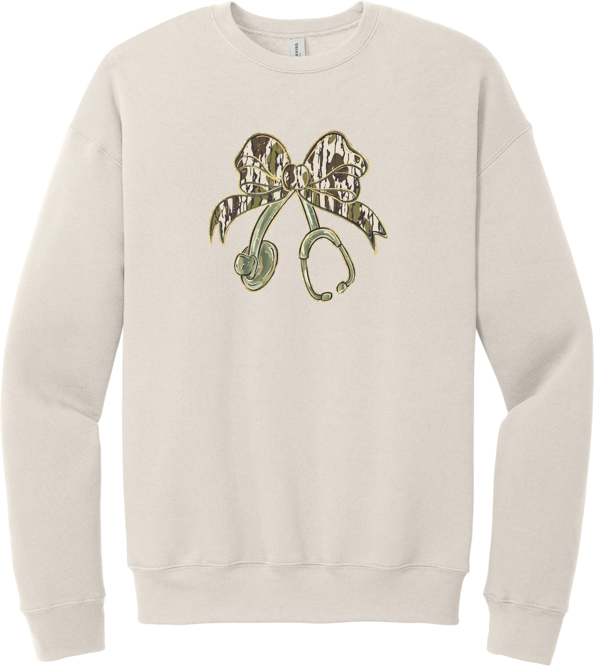 Camo Bow Stethoscope crewneck sweatshirt in Heather Dust, featuring a glittery camo print coquette bow tied to a sage green stethoscope