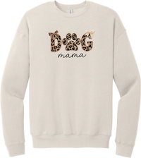 Autumn Dog Mama crewneck sweatshirt in Heather Dust, featuring leopard print DOG letters with a paw print, cream bows, and mama script