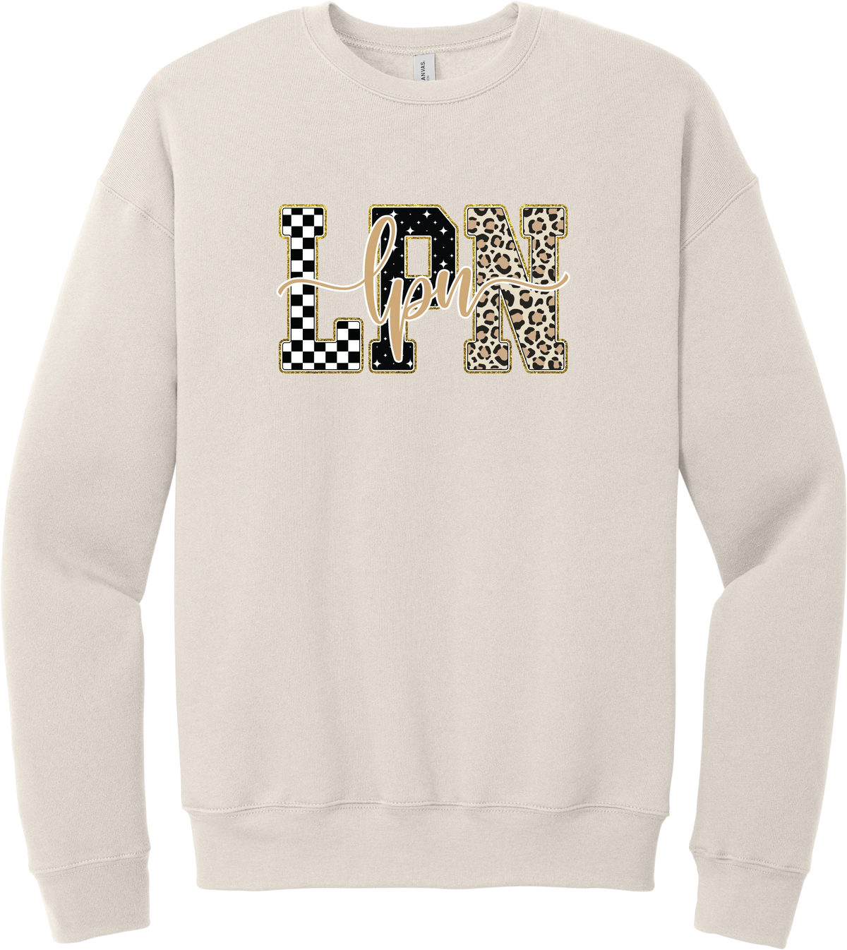 Glitzy Patterned LPN crewneck sweatshirt in Heather Dust, featuring LPN block letters in checkerboard, sparkle star, and leopard patterns with a gold glitter outline and lpn script