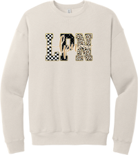 Glitzy Patterned LPN crewneck sweatshirt in Heather Dust, featuring LPN block letters in checkerboard, sparkle star, and leopard patterns with a gold glitter outline and lpn script