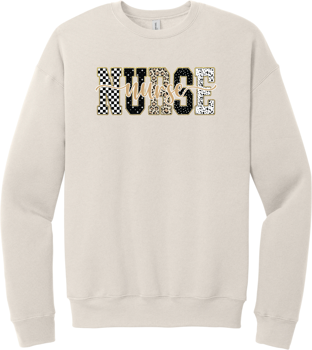 Glitzy Patterned Nurse crewneck sweatshirt in Heather Dust, featuring NURSE block letters in checkerboard, leopard, and polka dot patterns with a gold glitter outline and nurse script