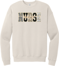Glitzy Patterned Nurse crewneck sweatshirt in Heather Dust, featuring NURSE block letters in checkerboard, leopard, and polka dot patterns with a gold glitter outline and nurse script