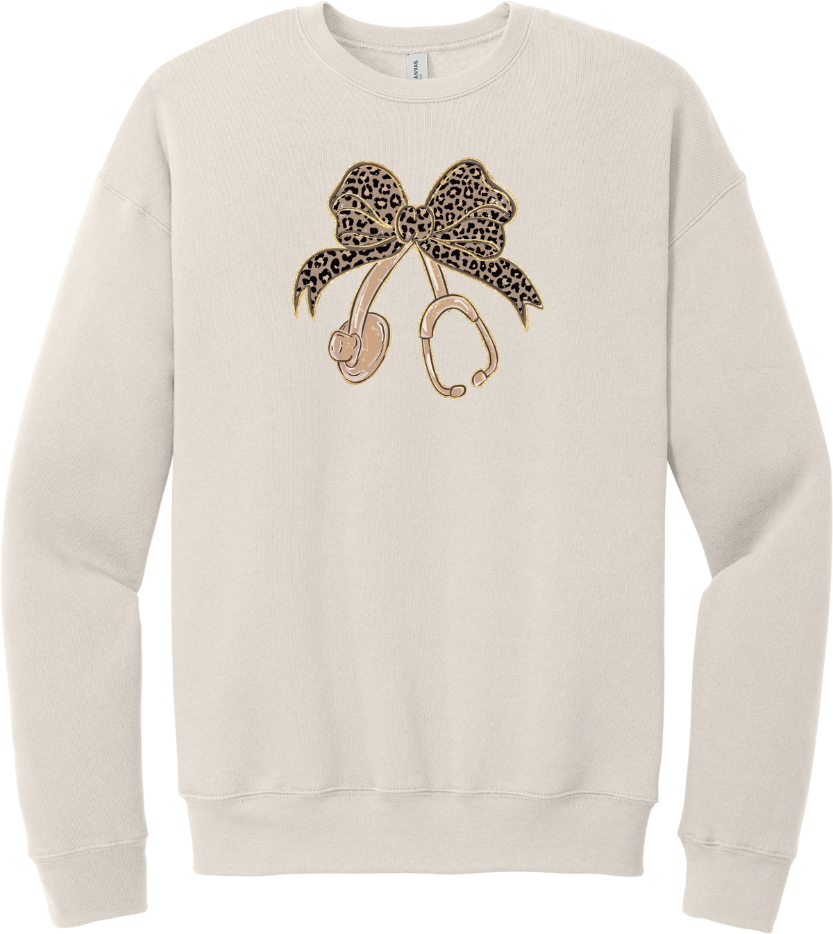 Leopard Bow Stethoscope crewneck sweatshirt in Heather Dust, featuring a glittery leopard print coquette bow tied to a rose gold stethoscope