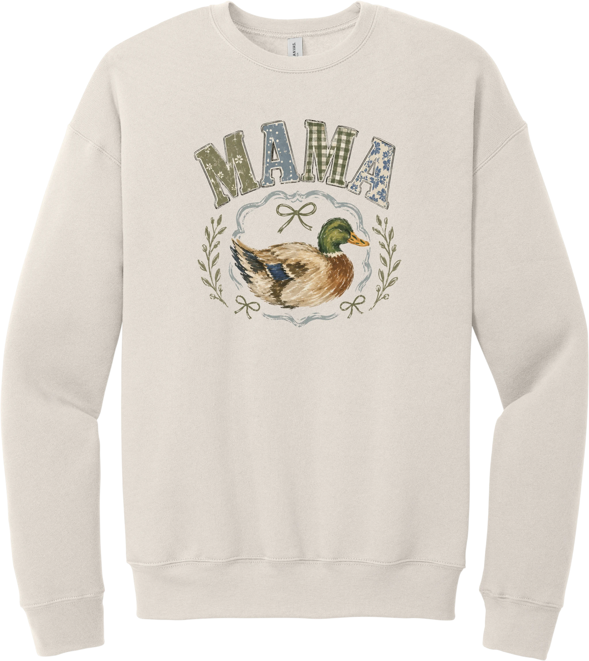 Mallard Mama crewneck sweatshirt in Heather Dust, featuring MAMA in gingham and floral patchwork letters above a hand-painted mallard framed by ribbons and laurel sprigs