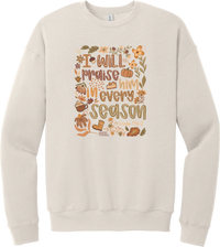 Praise Him Wildflower crewneck sweatshirt in Heather Dust, featuring I Will Praise Him in Every Season in hand lettering surrounded by fall wildflowers, pumpkins, a latte, boots, and Psalm 146:2