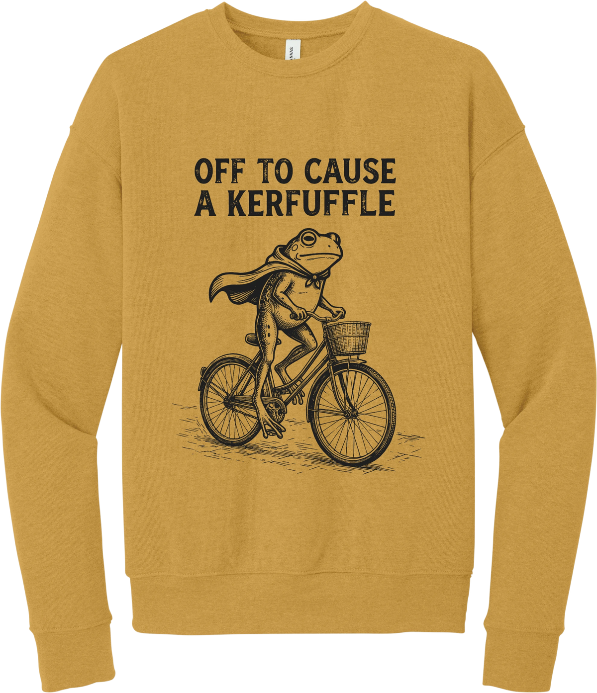 Off to Cause a Kerfuffle crewneck sweatshirt in Heather Mustard, featuring a caped frog riding a vintage bicycle with Off to cause a kerfuffle