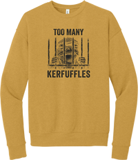 Too Many Kerfuffles crewneck sweatshirt in Heather Mustard, featuring a frog in a newsboy cap behind jail bars with Too many kerfuffles