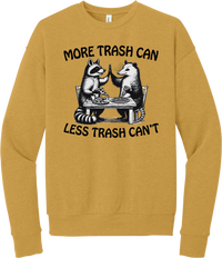 More Trash Can Less Trash Can't crewneck sweatshirt in Heather Mustard, featuring a raccoon and a possum high-fiving over pizza with More trash can less trash can't