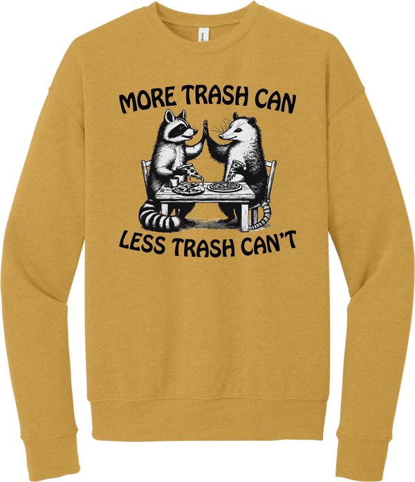 More Trash Can Less Trash Can't crewneck sweatshirt in Heather Mustard, featuring a raccoon and a possum high-fiving over pizza with More trash can less trash can't