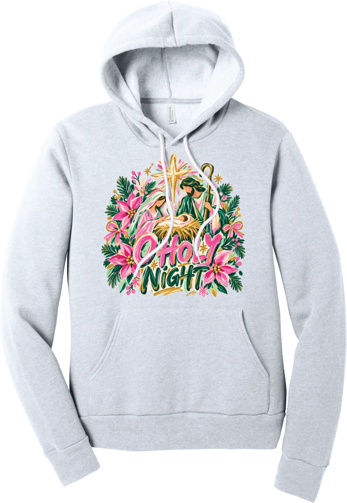 Artful O Holy Night hoodie in Ash, featuring a painted nativity under the star of Bethlehem with O Holy Night lettering framed by pink poinsettias and evergreen