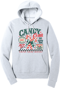Fresh Candy Canes hoodie in Ash, featuring vintage candy shop lettering with two striped candy canes tied in a green bow, a North Pole Peppermint Goodness sign, and a checkerboard stripe