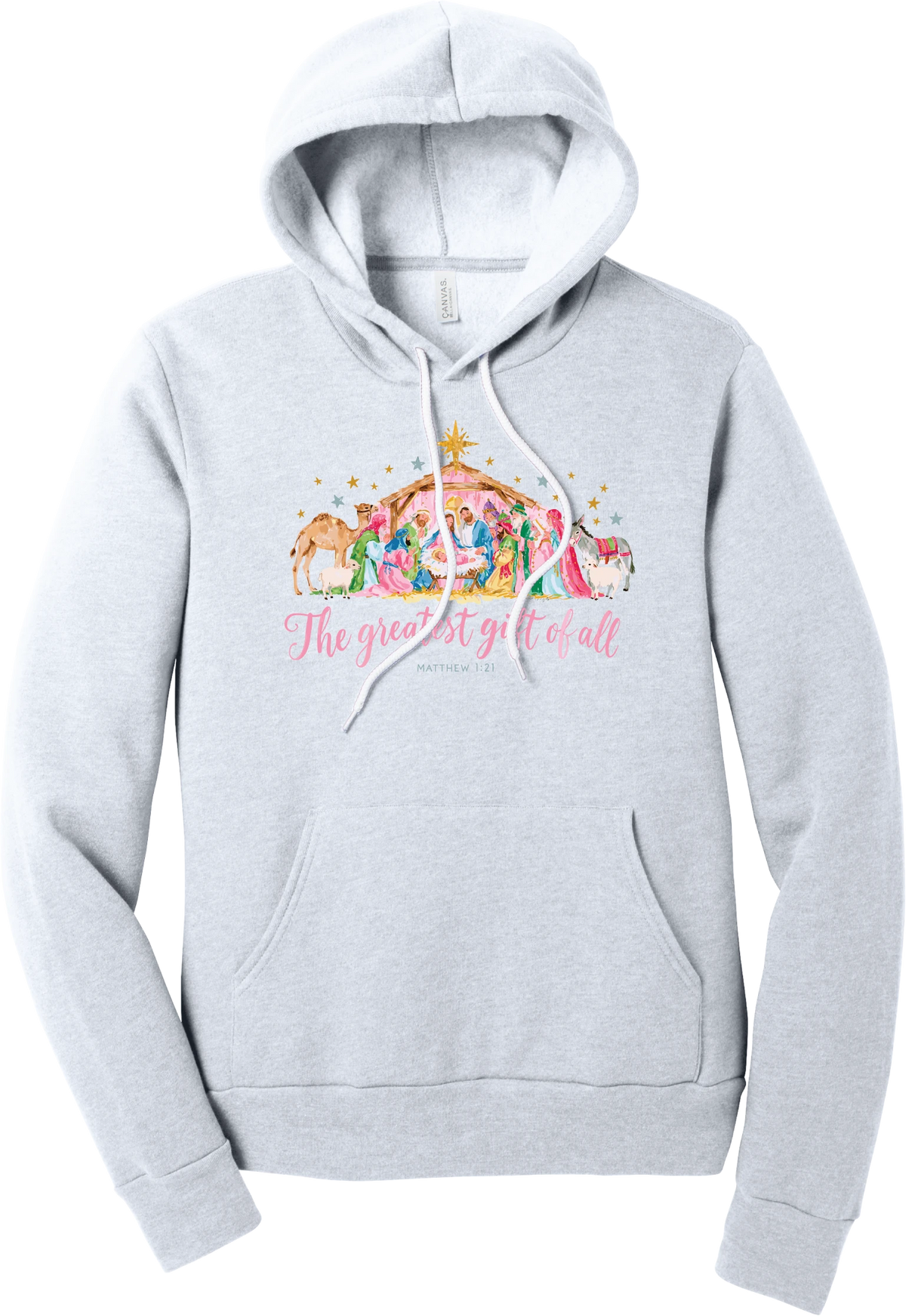 The Greatest Gift of All hoodie in Ash, featuring a pastel watercolor nativity scene under the star with The Greatest Gift of All script and Matthew 1:21