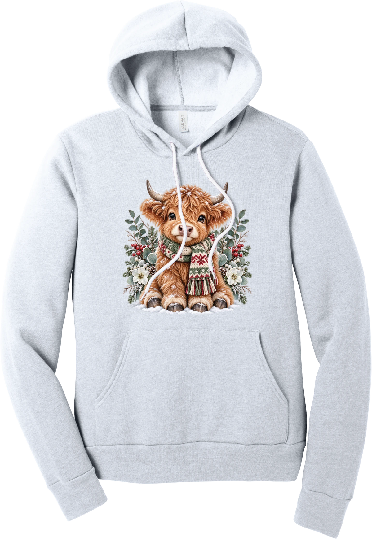 Highland Holidays hoodie in Ash, featuring a fluffy baby Highland cow in a Fair Isle knit scarf, surrounded by frosted eucalyptus, pine, red berries, and white Christmas roses