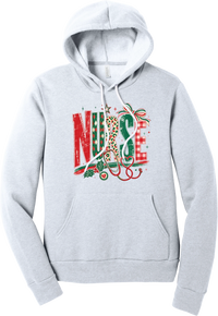 Holiday Nurse Stethoscope hoodie in Ash, featuring patterned NURSE letters in red and green argyle, leopard, and gingham with a striped bow, holly, and a red heart stethoscope