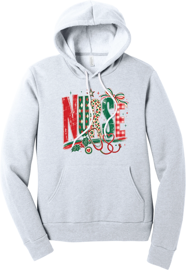 Holiday Nurse Stethoscope hoodie in Ash, featuring patterned NURSE letters in red and green argyle, leopard, and gingham with a striped bow, holly, and a red heart stethoscope