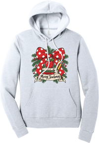 Merry Teachmas hoodie in Ash, featuring a red polka dot bow over a stack of books reading Teach, Inspire, Change with an apple, pencils, evergreen, and a Merry Teachmas banner