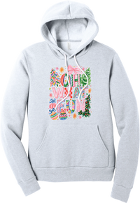 Oh What Fun hoodie in Ash, featuring hand-painted Oh What Fun letters with pink bows, whimsical Christmas trees, and ornaments