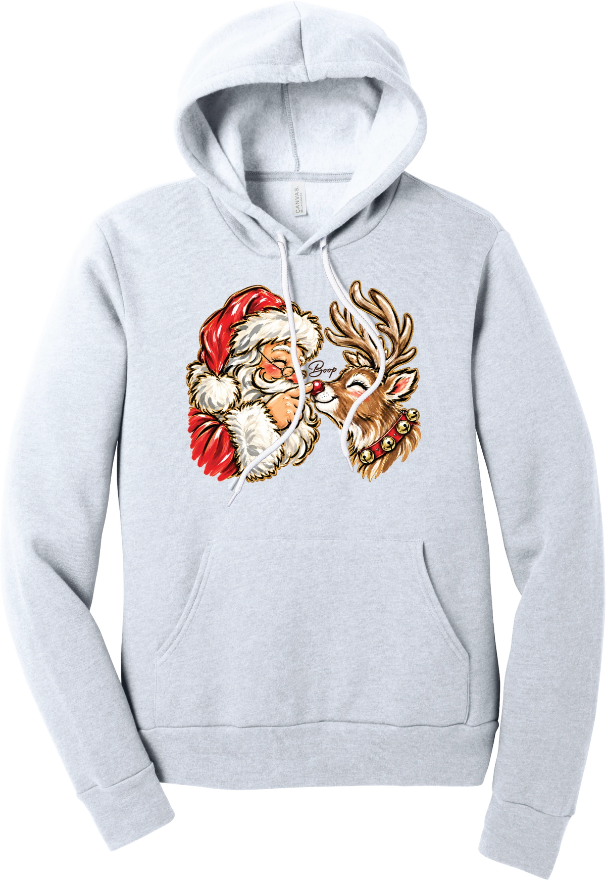 Santa and Rudolph Boop hoodie in Ash, featuring a hand-painted vintage Santa booping a smiling reindeer on its red nose