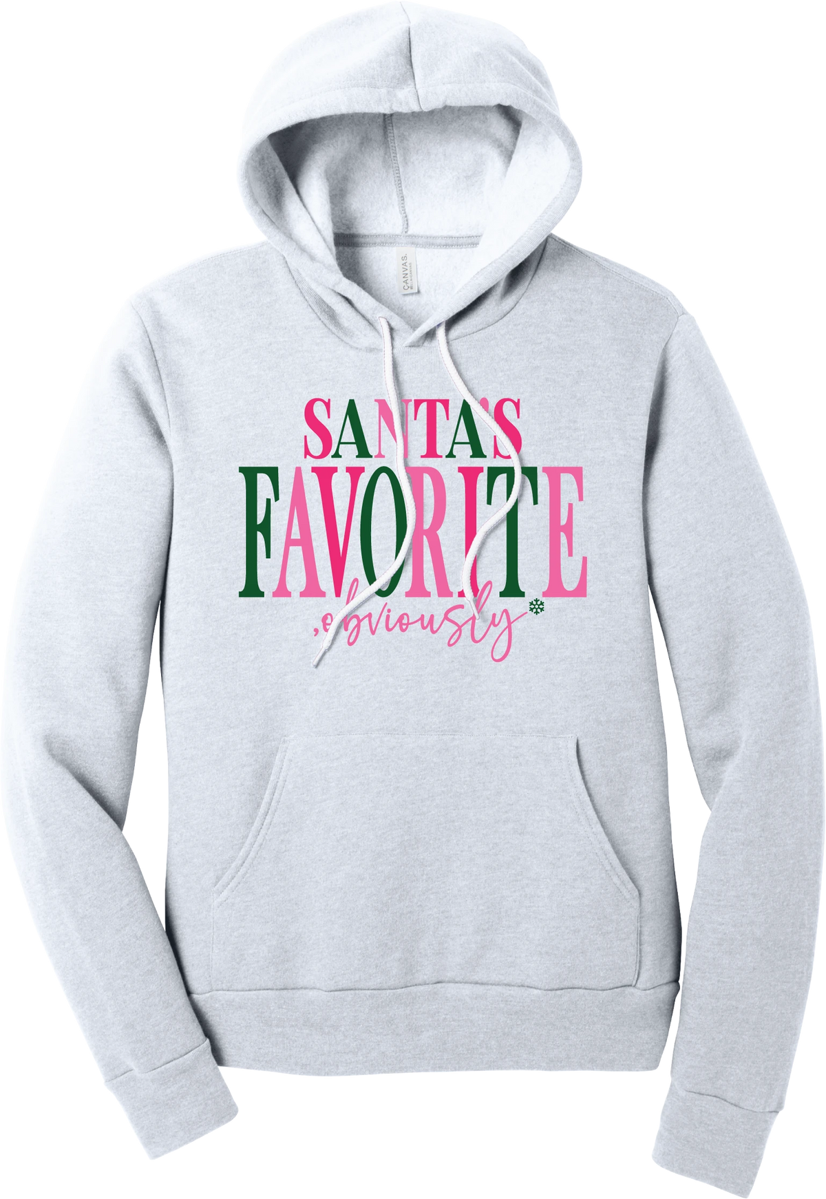Santa's Favorite, Obviously hoodie in Ash, featuring SANTA'S FAVORITE in pink and green serif lettering with a pink script obviously and a green snowflake