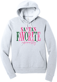 Santa's Favorite, Obviously hoodie in Ash, featuring SANTA'S FAVORITE in pink and green serif lettering with a pink script obviously and a green snowflake