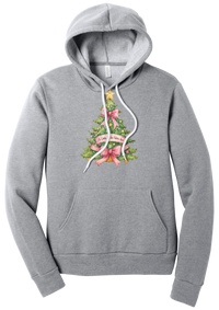 Adore Him Bow Tree hoodie in Athletic Heather, featuring a green Christmas tree with pink bows, a gold star, and an Oh Come Let Us Adore Him banner