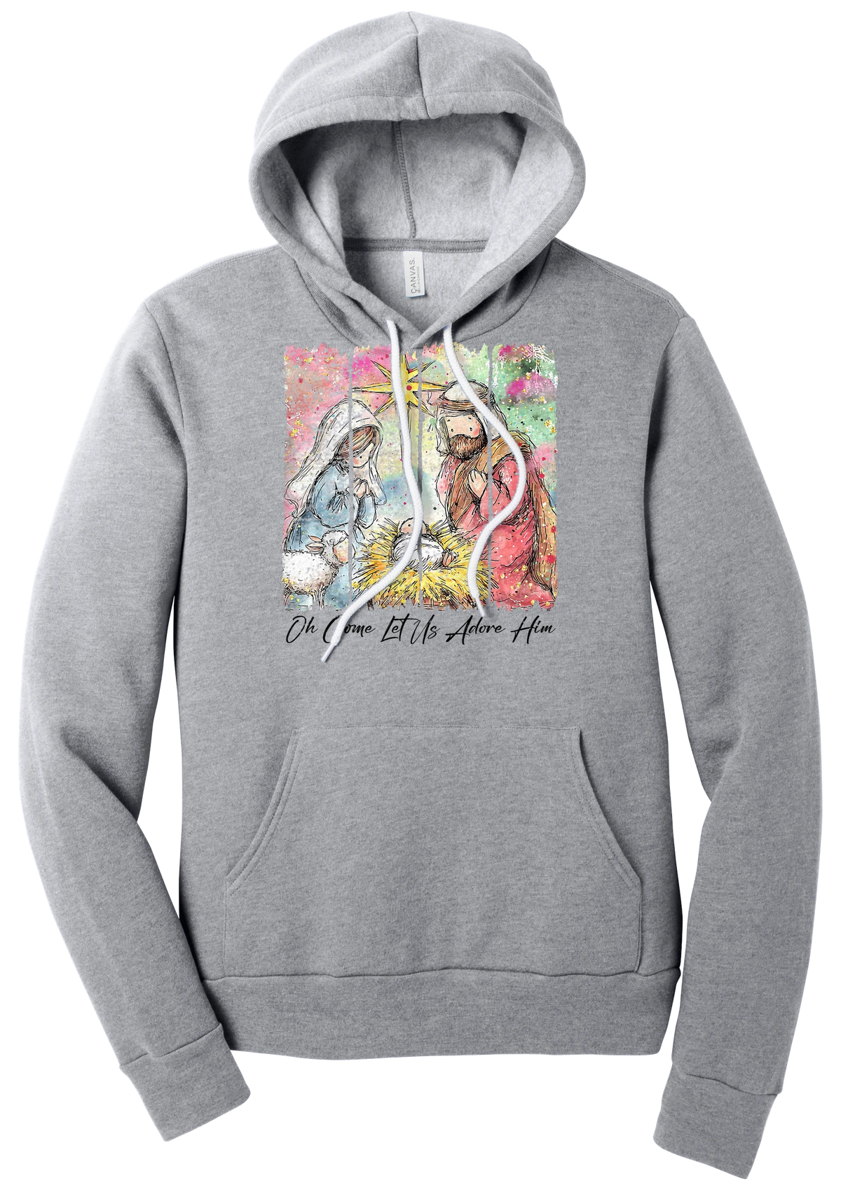 Adore Him Painted Nativity hoodie in Athletic Heather, featuring a watercolor nativity of Mary, Joseph, and baby Jesus under a star with Oh Come Let Us Adore Him script