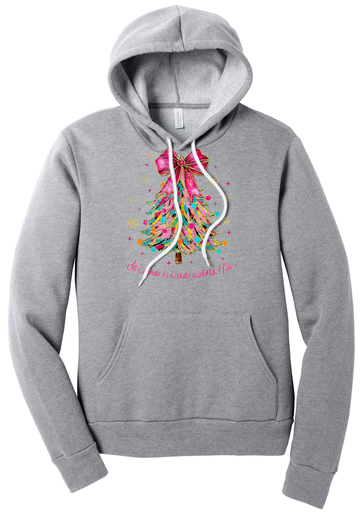 Adore Him Ribbon Tree hoodie in Athletic Heather, featuring a colorful ribbon Christmas tree with a pink bow over Oh Come Let Us Adore Him script