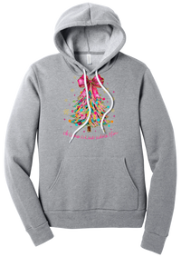 Adore Him Ribbon Tree hoodie in Athletic Heather, featuring a colorful ribbon Christmas tree with a pink bow over Oh Come Let Us Adore Him script