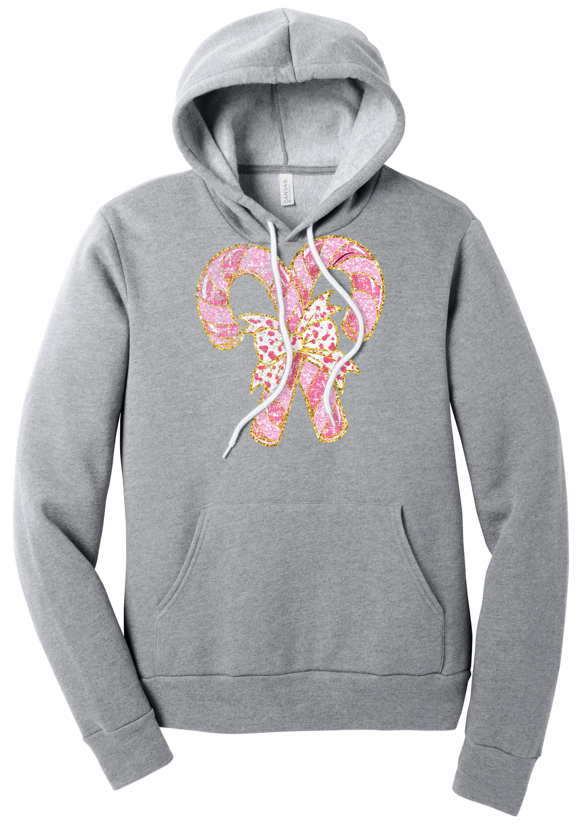Candy Cane Bow hoodie in Athletic Heather, featuring two pink glitter candy canes tied with a leopard heart bow and gold trim