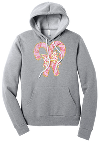 Candy Cane Bow hoodie in Athletic Heather, featuring two pink glitter candy canes tied with a leopard heart bow and gold trim