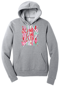 Candy Cane Cutie hoodie in Athletic Heather, featuring red CANDY CANE CUTIE letters on pastel stripes with candy canes, cocoa, and bows