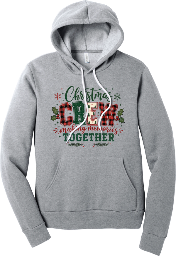 Christmas Crew Making Memories Together hoodie in Athletic Heather, featuring Christmas script over CREW letters in red buffalo plaid, green, and a Christmas tree print with making memories together, holly, and snowflakes