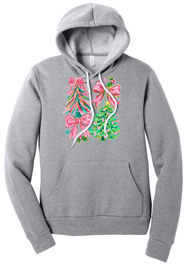 Christmas Tree Bows hoodie in Athletic Heather, featuring painted pink and green Christmas trees with big pink satin bows
