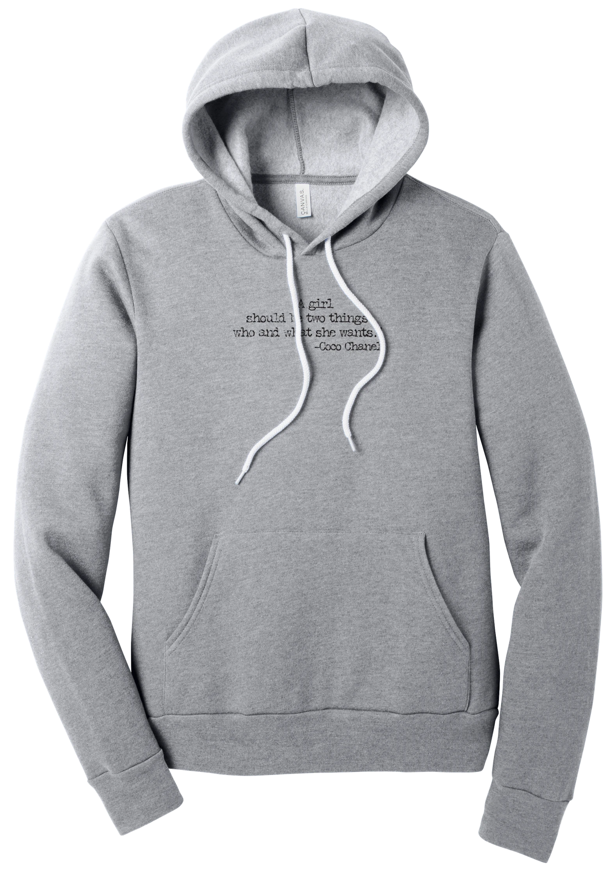 Coco Chanel Who and What Quote hoodie in Athletic Heather, featuring A girl should be two things who and what she wants in distressed black typewriter letters