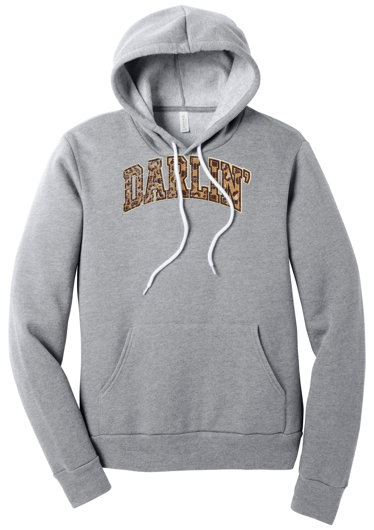 Darlin' hoodie, Checker Outline design, in Athletic Heather, featuring arched varsity DARLIN' letters filled with leopard and checker print