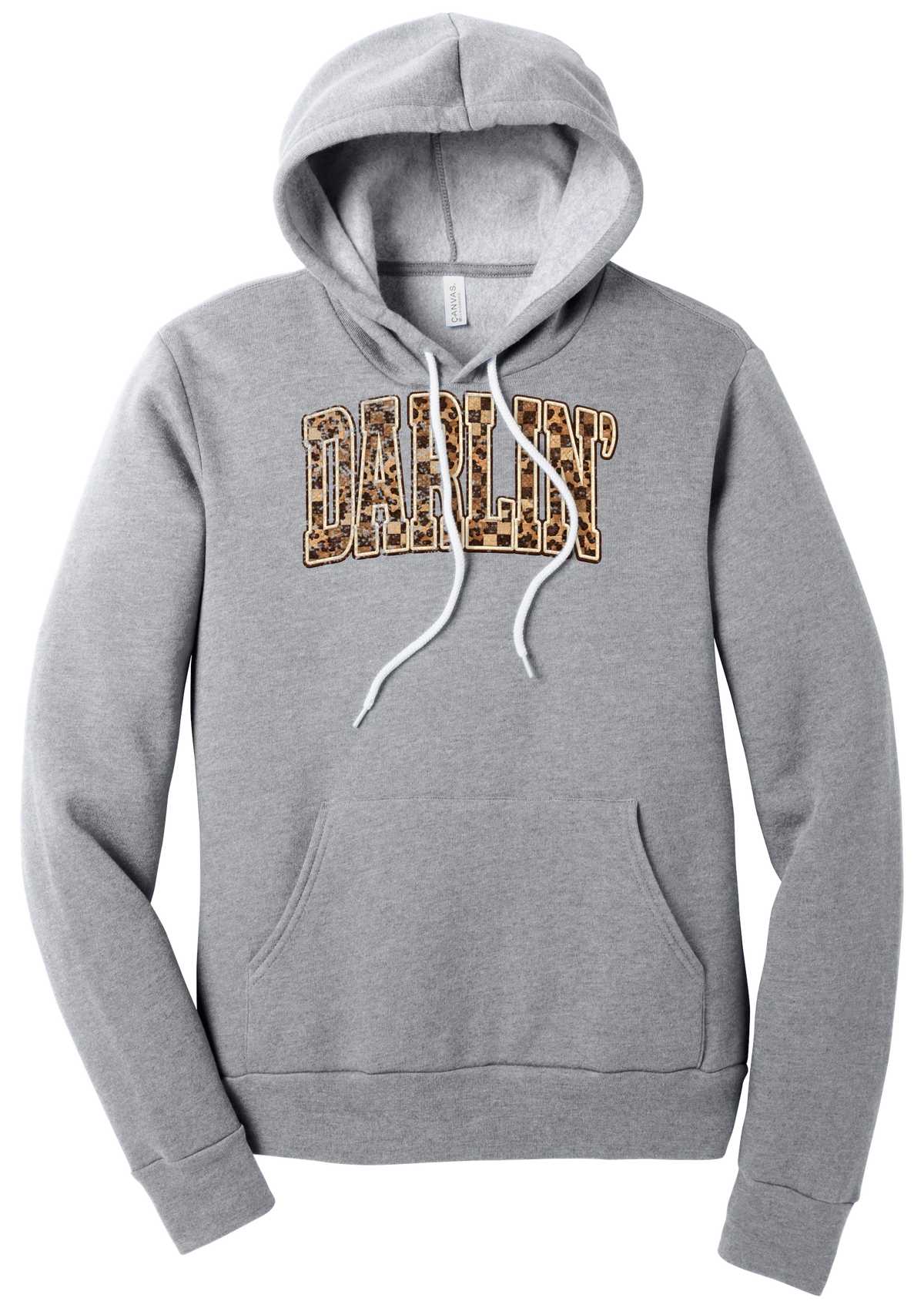 Darlin' hoodie, Leopard Checker design, in Athletic Heather, featuring arched varsity DARLIN' letters filled with leopard and checker print