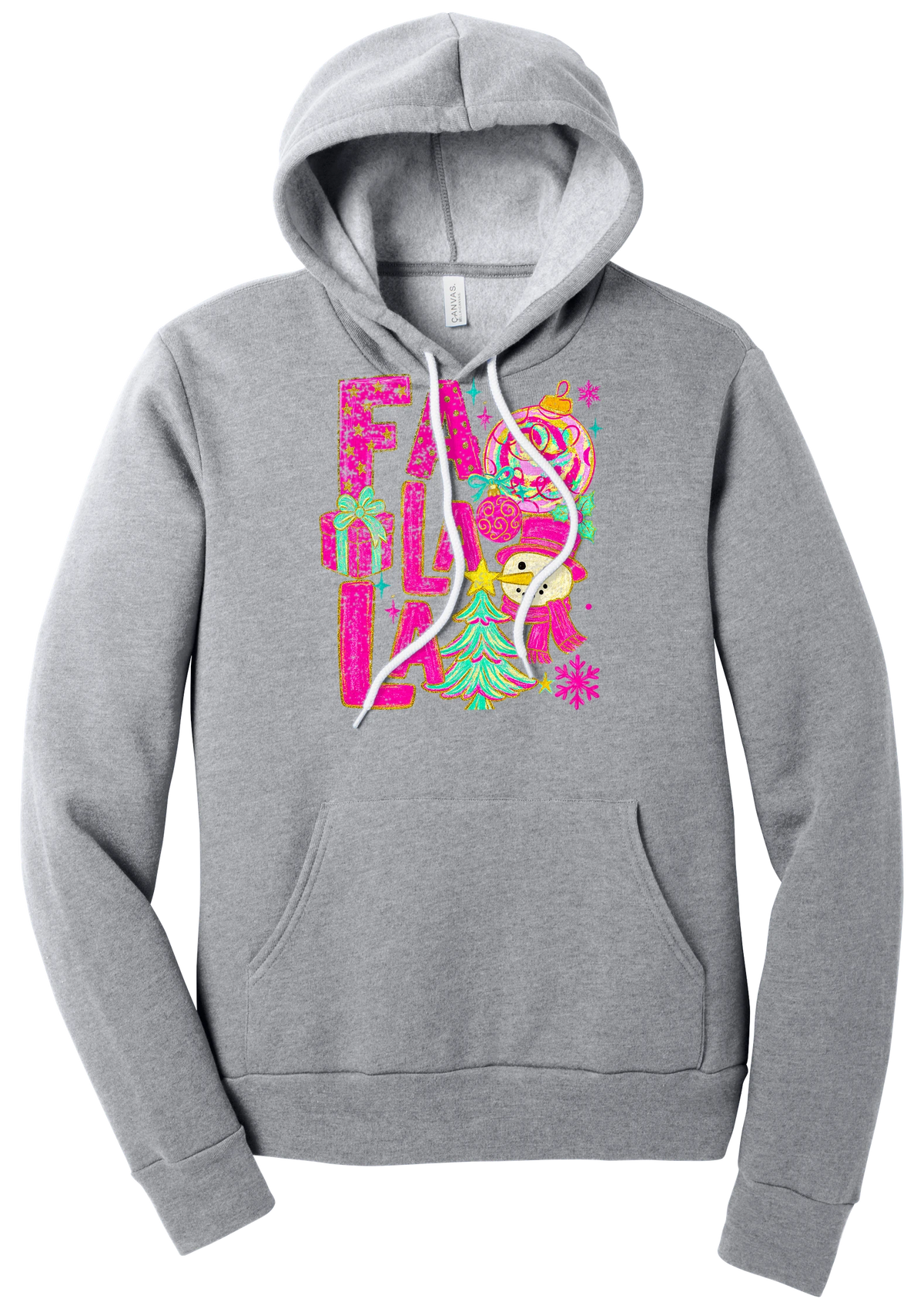 Fa La La Snowman hoodie in Athletic Heather, featuring stacked hot pink FA LA LA letters with a snowman, a tinsel tree, gifts, and ornaments